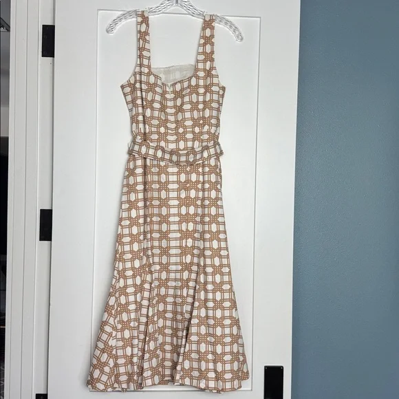 Ann Taylor Cream and Tan Geometric Midi Dress with Belt - Picture 4 of 5